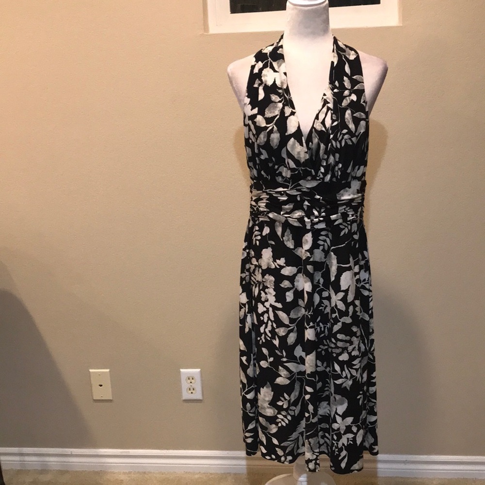 Evan-Picone Halter Top Pleated V-Neck Scrunched Waist Fit & Flare Midi Dress-14